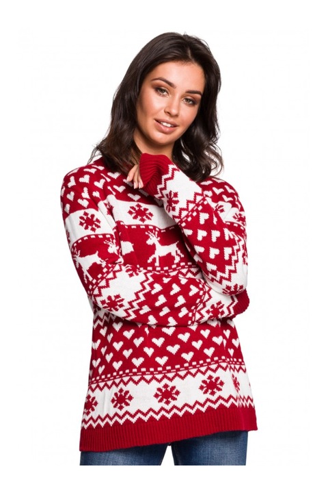 Karácsonyi mintás pulóver, akril, piros/fehér, L/XL