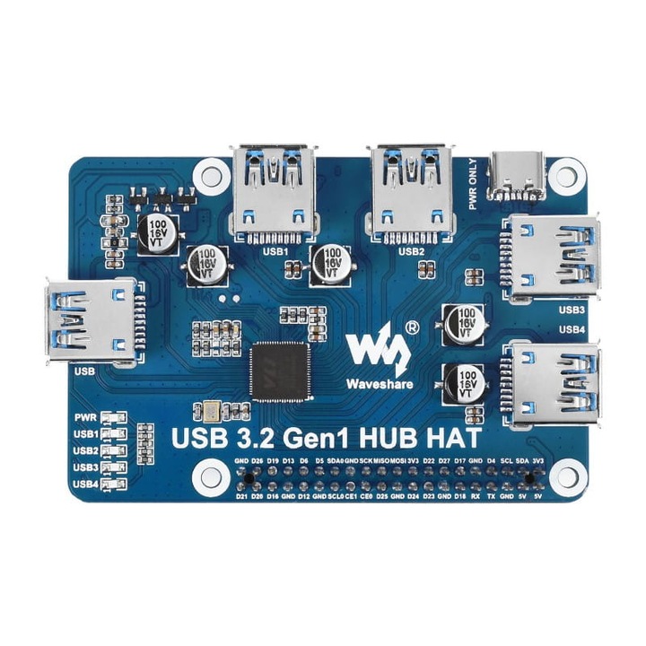 Modul Hub USB, Waveshare, 4 x USB 3.0/2.0/1.1, 5 Gb/s, Compatibil cu Raspberry Pi