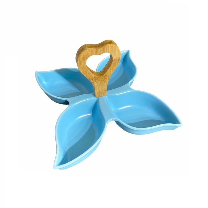 Platou ceramica, cu maner de lemn, 4 compartimente, albastru, 20.5x20.5x15 cm