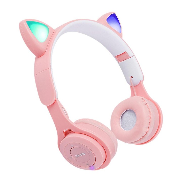 Casti fara fir Mag Antis, Cat Ear LED Light Up, Bluetooth 5.0, Roz