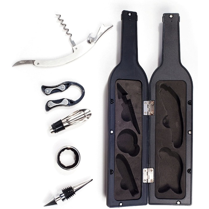 Set Cadou EDAR, Accesorii Vin, 6 Piese Incluse, Ambalaj Sticla De Vin, Negru
