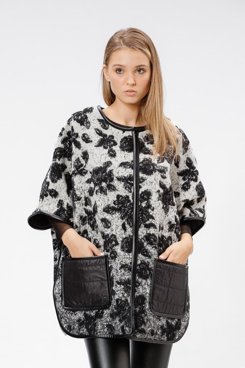 RVL Fashion, jacheta dama, oversize, cu buzunare matlasate, negru/flori, D3408