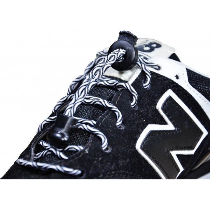 Sireturi Elastice LQT cu sistem NO TOUCH cu Locker, model valuri, alb-negru