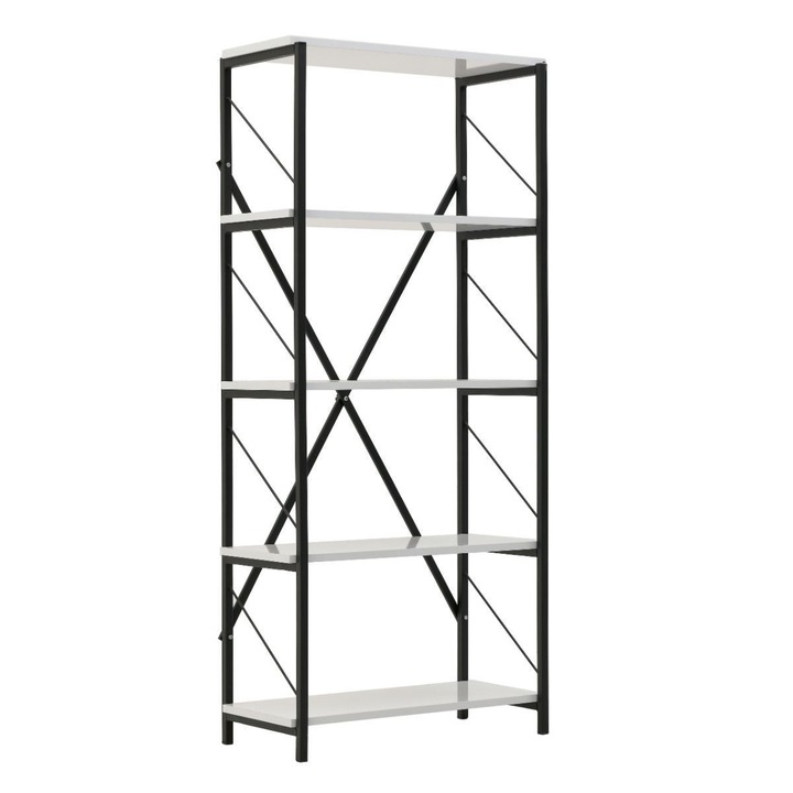 Etajera cu 5 rafturi, metal si pal, alb-negru, 160x73x36 cm