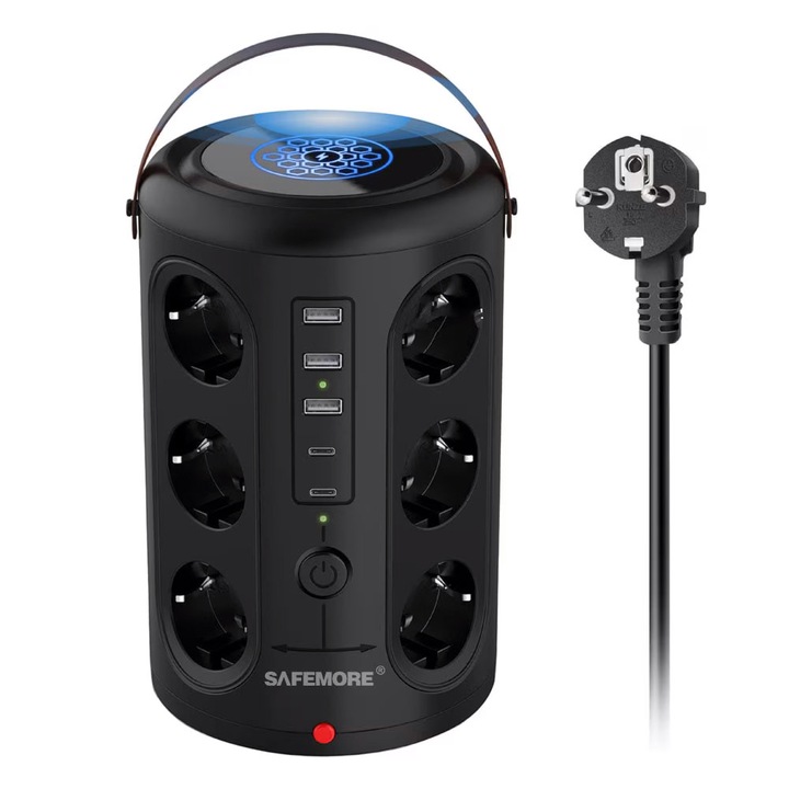 Удължител SAFEMORE, 3xUSB, 2xType-C/12xAC гнезда, Защита от пренапрежение, Мълниезащита с нощна светлина