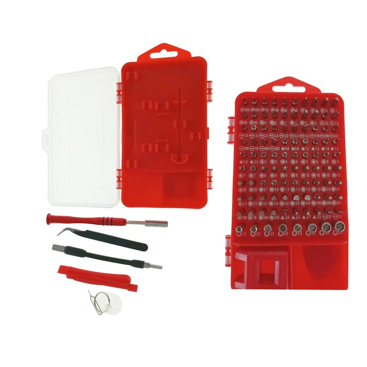 Комплект накрайници и прецизни инструменти, 108 части, Cablexpert TK-SD-07 09452, отвертка, удължител, пинсети, вендуза, магнетизатор, кутия за съхранение, червен