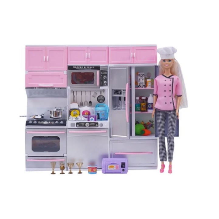 Set de bucatarie Lumi LUXURY® cu sunete, lumini si papusa bucatar inclusa, +3 ani