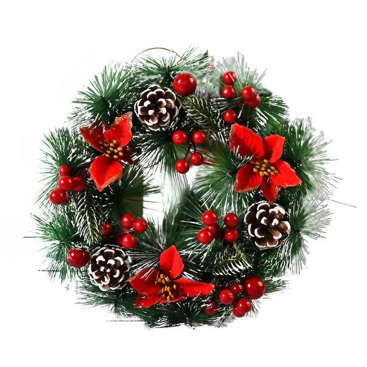 Flippy karácsonyi koszorú, 32 cm átmérő, műfenyő, toboz és gyümölcs díszítés, 3 piros virág, zöld/fehér