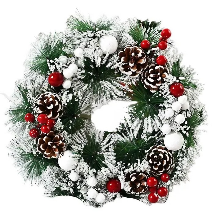 Flippy karácsonyi koszorú, átmérője 32 cm, műfenyőből, tobozokkal és áfonyával díszítve, havas zöld/fehér