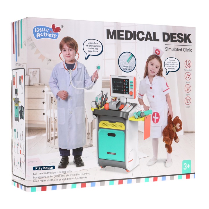 Set Carucior joaca doctor, Little Actress, multicolor, accesorii interactive, 85,5x43x30cm