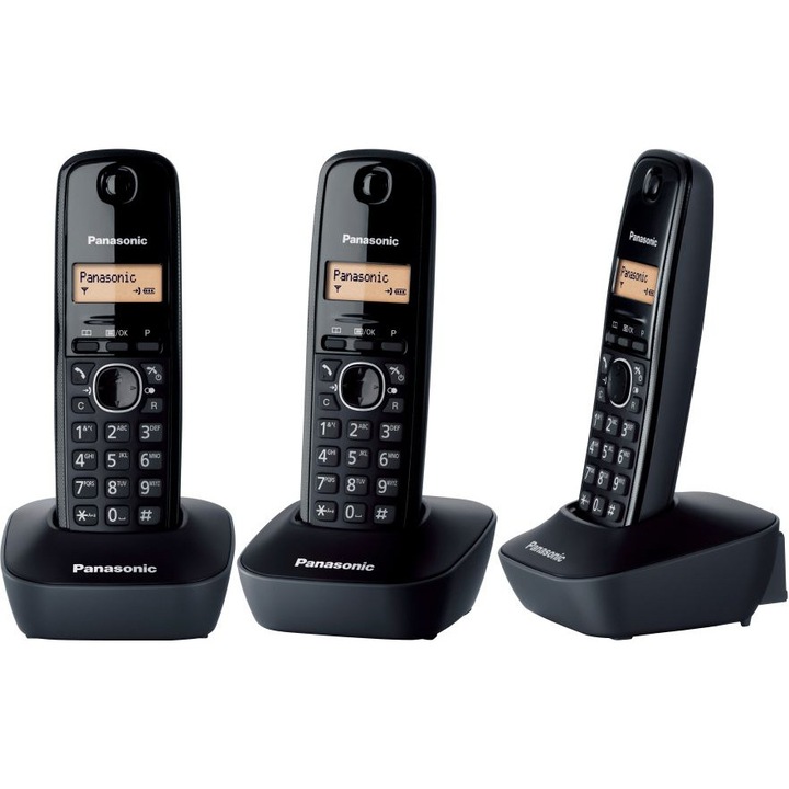 Telefon fara fir DECT Panasonic KX-TG1612FXH + KX-TG1611FXH, Caller ID, 3 receptoare, Negru