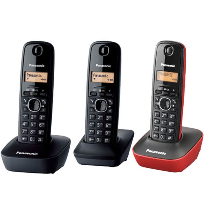 Telefon fara fir DECT Panasonic KX-TG1612FXH + KX-TG1611FXR, Caller ID, 3 receptoare, Negru/Rosu