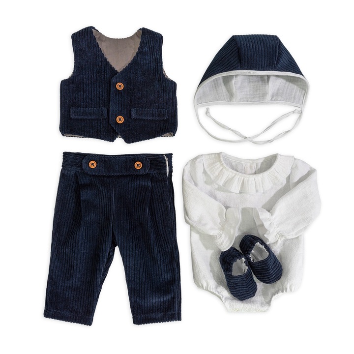 Set Adam din raiat bleumarin cu vesta, pantalon, body, bonetica si botosei - 0-3 luni