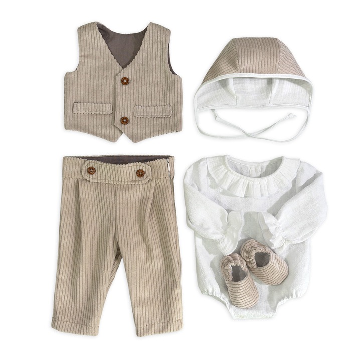 Set Adam din raiat beige cu vesta, pantalon, body, bonetica si botosei - 3-6 luni