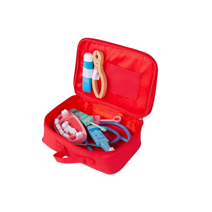 Set de doctor pentru copii MalPlay, gentuta cu maner si inchidere cu fermoar, cu accesorii specifice din lemn incluse