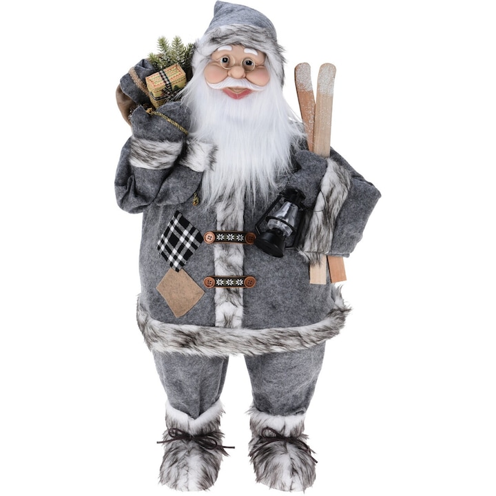 Фигурка на Дядо Коледа с подаръчна торбичка и ски, 37x28x80 см, плюс, сива