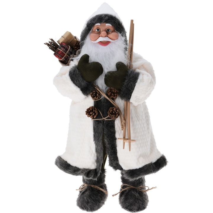 Figurina Santa cu sac de cadouri si bete de ski, 37x28x80 cm, crem