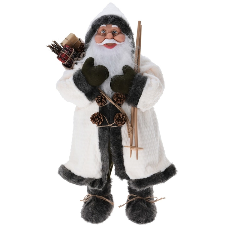 Фигурка на Дядо Коледа с подаръчна торбичка и ски щеки, 37x28x80 см, кремава