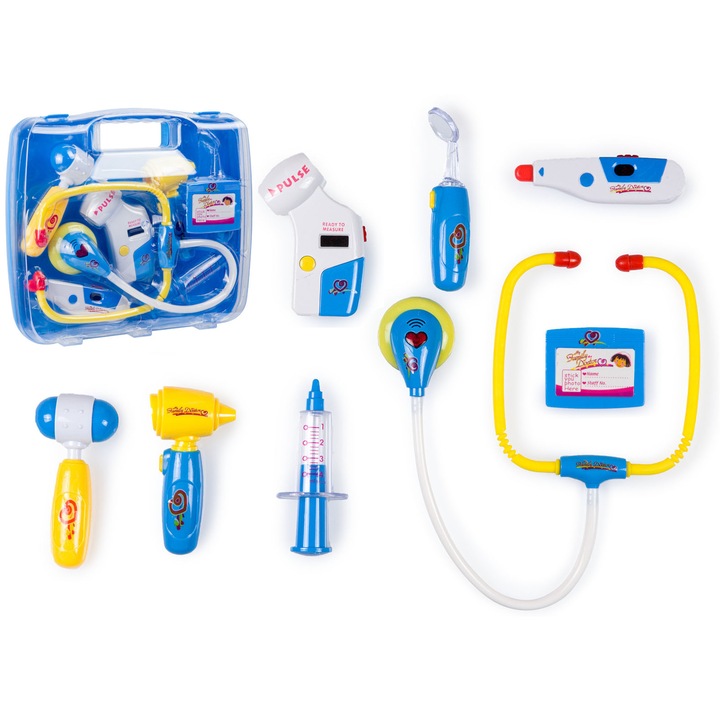 Trusa medicala de Jucarie pentru copii Little Doctor IdealStore, Include stetoscop cu efecte sonore, Termometru si tensiometru cu efecte luminoase, Valiza, Albastru