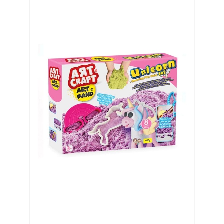 Set Nisip Kinetic Unicorn, Art Craft, cu 8 Forme, Modelare si Curatare Usoara, Calitate Premium EBA,3 ani+