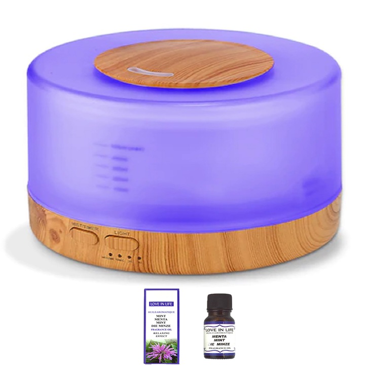 Ultrahangos aromaterápiás diffúzor, borsmenta illatú olaj 10 ml, távirányító, LED 7 szín, csendes, 500 ml, autonómia 16 óra, BPA-mentes, programozható, fehér/világos tölgy, RIF REFCO ®