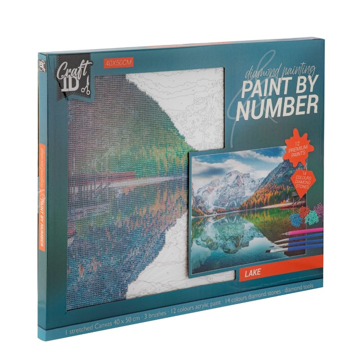 Set Pictura pe numere si cu diamante 2in1 model Lac, broderie 5d DIY, 40x50 cm, mozaic, multicolor
