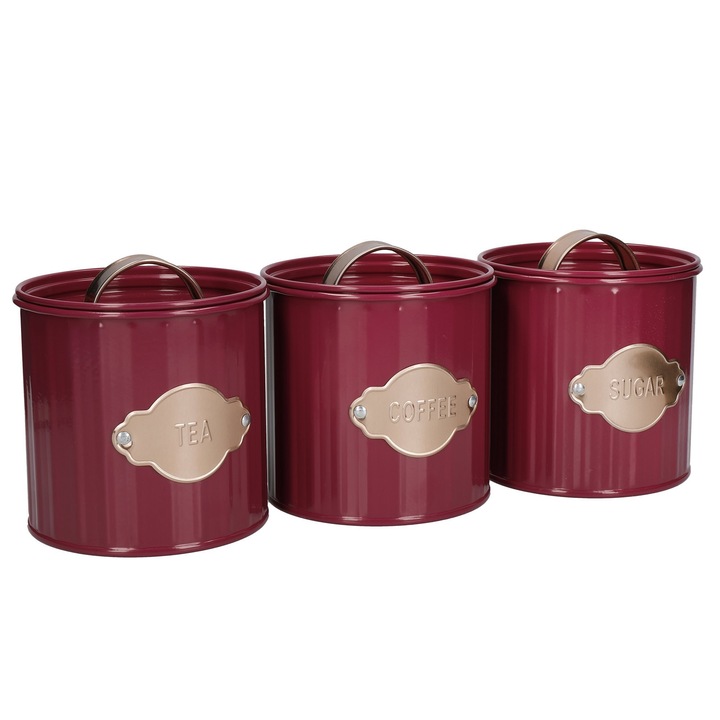Set 3 recipiente pentru ceai, cafea si zahar, 1L, Burgundy - Kitchen Craft