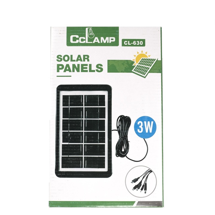 Panou Solar Portabil, Putere 3W, Tensiune 6V, IP67, Cablu cu Mufe 5 in 1, Negru