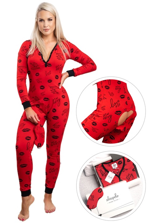 Set pijama sexy tip salopeta cu o clapeta in forma de inima pe fese si o masca pentru ochi, Sleepdo, Rosu