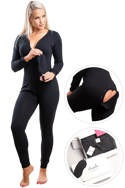 Set pijama sexy tip salopeta cu o clapeta in forma de inima pe fese si o masca pentru ochi, Sleepdo, Negru