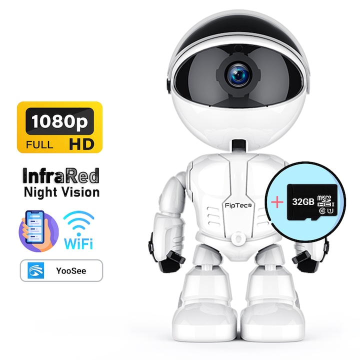 Смарт Бебефон FipTec LV08 Робот с 32GB Карта Памет, WiFi, Full HD, Двупосочно Аудио, Алармиране При Движение и Звук, Нощно Виждане и Управление от Android, Apple или Компютър, Бял