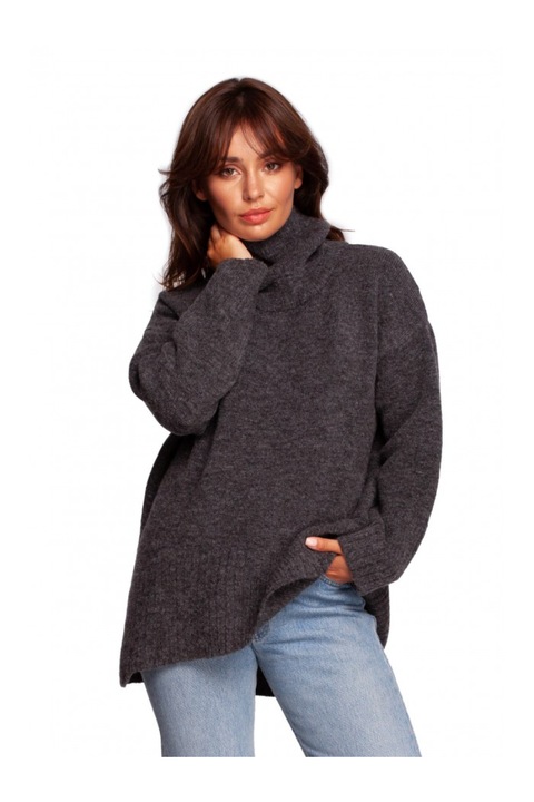 Bőrnyakú pulóver, akril/poliészter/gyapjú, grafitszürke, S/M