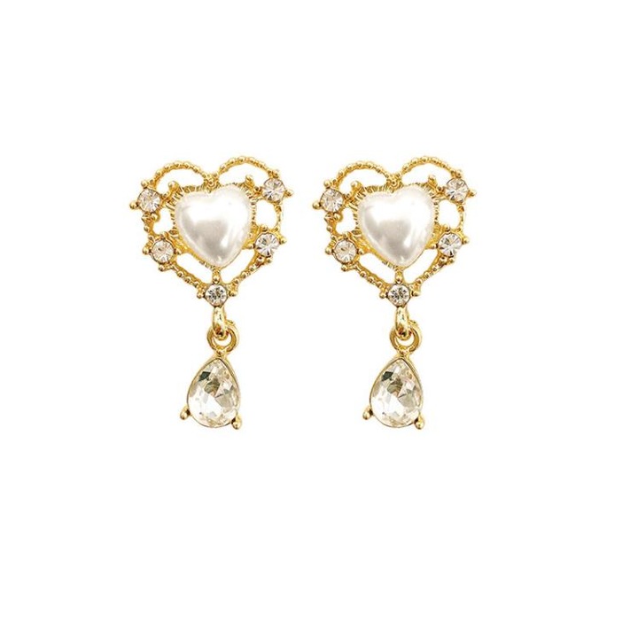 Cercei dama, Pili-Paradise, Metal/Plastic, Model inimioare, Auriu/Alb