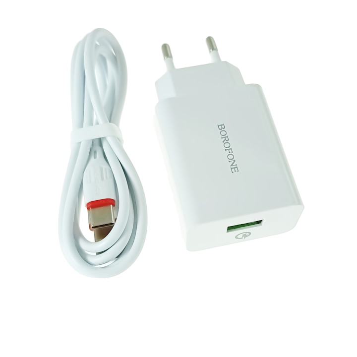 USB töltőkészlet 18W, USB-C kábel hossza 1m, Borofone 70248, Quick Charge 3.0, 100 - 240V, 3A, fehér