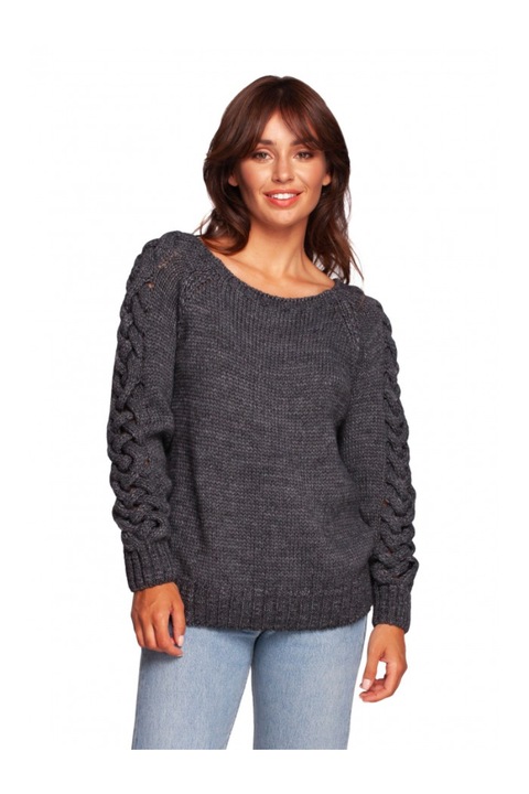 Pulóver fonott részletekkel, akril/nylon/gyapjú, szürke