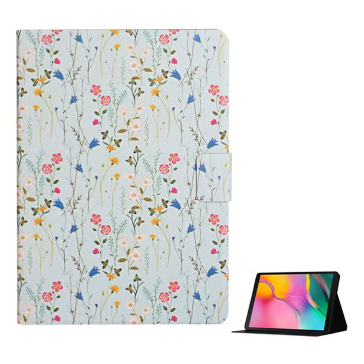 Tok álló, bőr hatású (FLIP, oldalra nyíló, asztali tartó funkció, virág minta) VILÁGOSKÉK [Samsung Galaxy Tab A 10.1 LTE (2019) SM-T515]