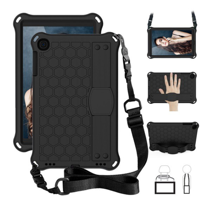 Defender szilikon telefonvédő (közepesen ütésálló, kitámasztó, méhsejt minta + kézpánt, vállpánt) FEKETE [Samsung Galaxy Tab A 10.1 LTE (2019) SM-T515]