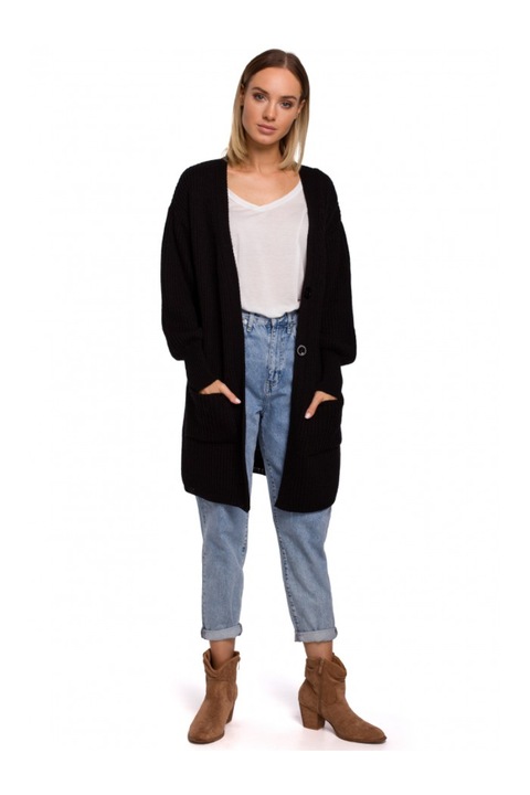 Zsebekkel ellátott kardigán, MOE, akril/poliamid, fekete, L/XL