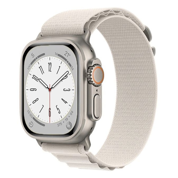 Curea Ceas SmartWatch pentru Apple Watch 42 mm / 44 mm / 45 mm / 49 mm, Textil Design, Comfy to Wear, Bratara Magnetica, Ajustabila, Alb