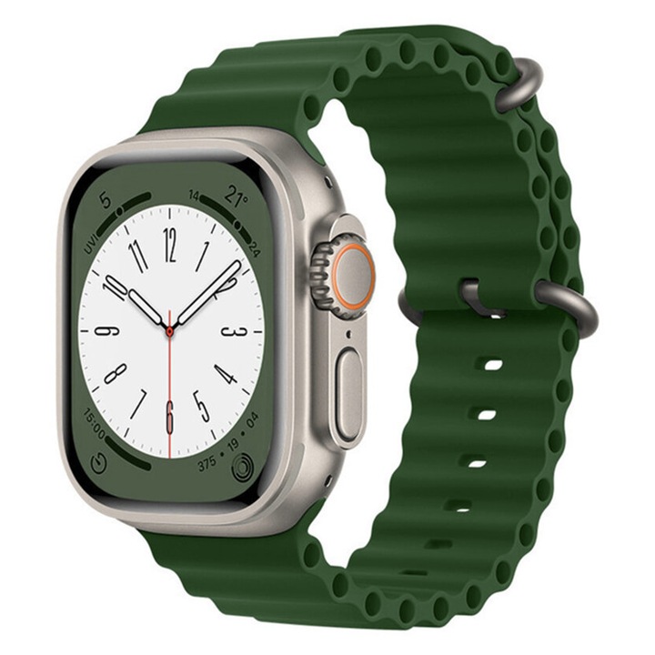 Curea Ceas SmartWatch pentru Apple Watch 42 mm / 44 mm / 45 mm / 49 mm, Soft Silicone, Comfy to Wear, High Quality, Fashion Design, Bratara Ajustabila, Verde inchis