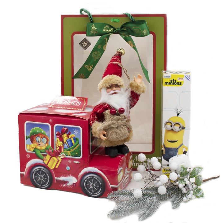 Pachet cadou Merry Christmas, Parfum pentru copii Minions 200 ml, cutie cu bomboane Roshen, figurina decorativa Mos Craciun si ornament crenguta de brad, 25x20x8 cm, Velve, Galben