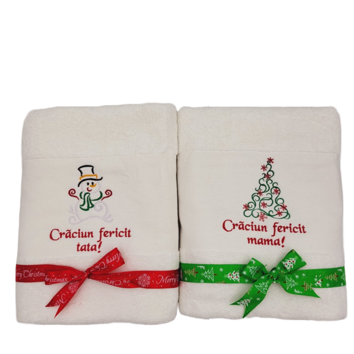 Set 2 prosoape de baie mari 70x130cm personalizate cu mesaj parinti Craciun, bumbac, albe, Brodate, 600 GSM