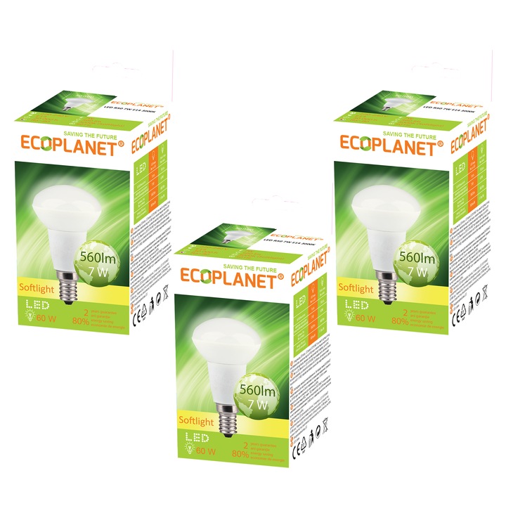 Комплект от 3 броя рефлекторни LED крушки Ecoplanet R50, E14, 7W, 60W, 560LM, F, Топла светлина 3000K, Матови