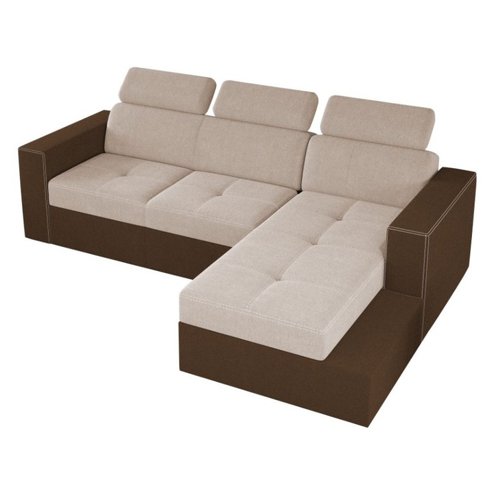 Coltar Paloma, extensibil, lada depozitare, tetiere reglabile, stofa, 245 x 164 x 96 cm, Crem / Maro