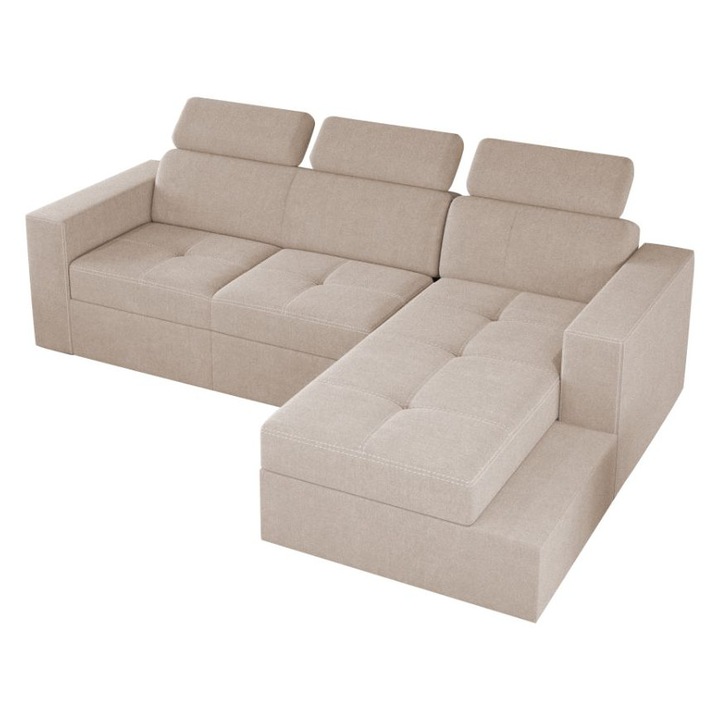 Coltar Paloma, extensibil, lada depozitare, tetiere reglabile, stofa, 245 x 164 x 96 cm, Crem