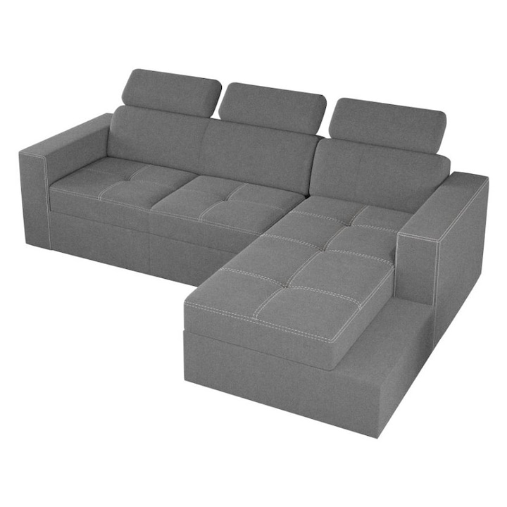 Coltar Paloma, extensibil, lada depozitare, tetiere reglabile, stofa, 245 x 164 x 96 cm, Gri Deschis