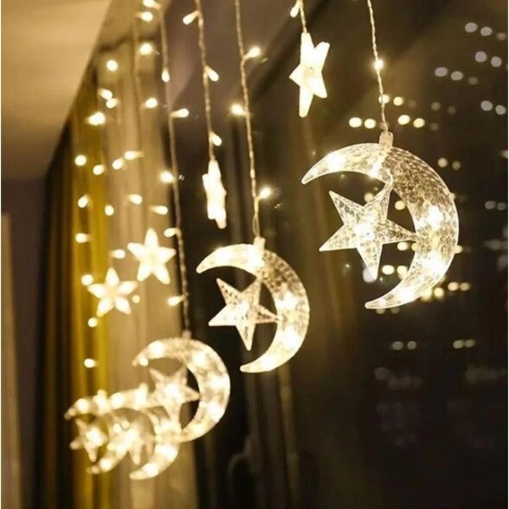 Instalatie Craciun, Perdea Lumini LED, Luna Si Stele Lumina Calda, 3M, Interconectabila, 8 Programe