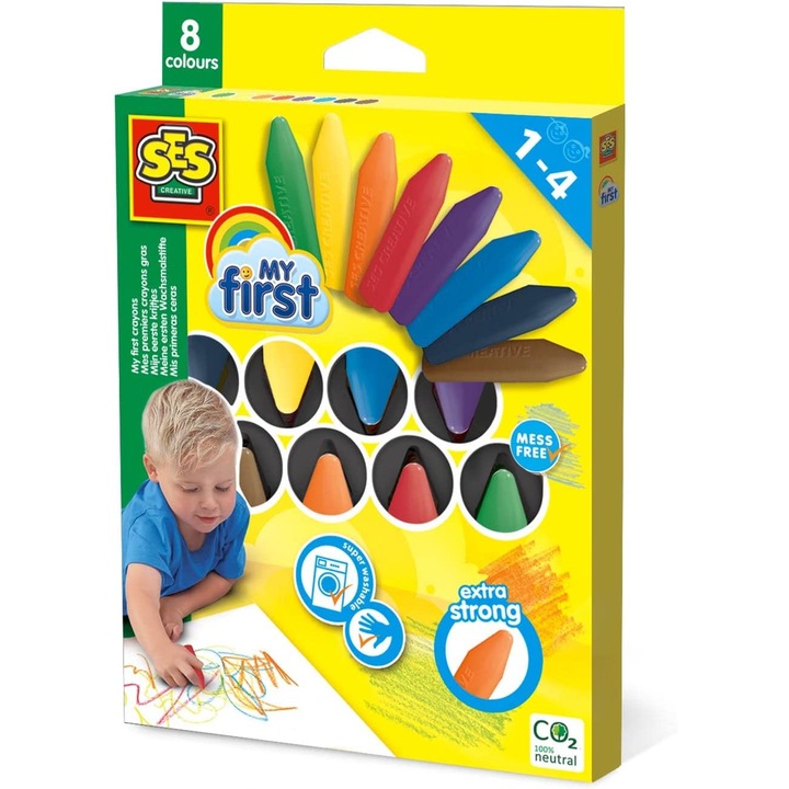 Set 8 creioane colorate My first crayons, SES Creative, Hipoalergenic, 1-4 ani, Multicolor