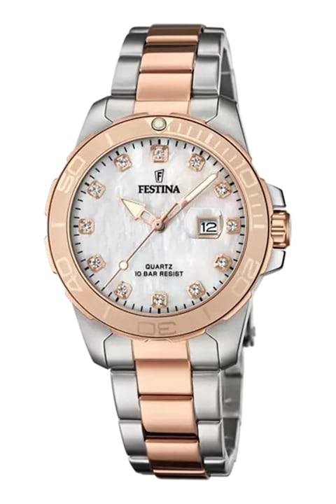 Festina, Часовник от неръждаема стомана с двуцветен дизайн, Rose Gold, Сребрист