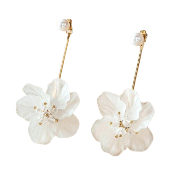 Cercei Peony, model floare, 10 cm, alb